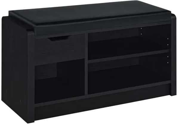 Aryn Storage Bench with Adjustable Shelf, Black Faux Leather, Black - Benzara