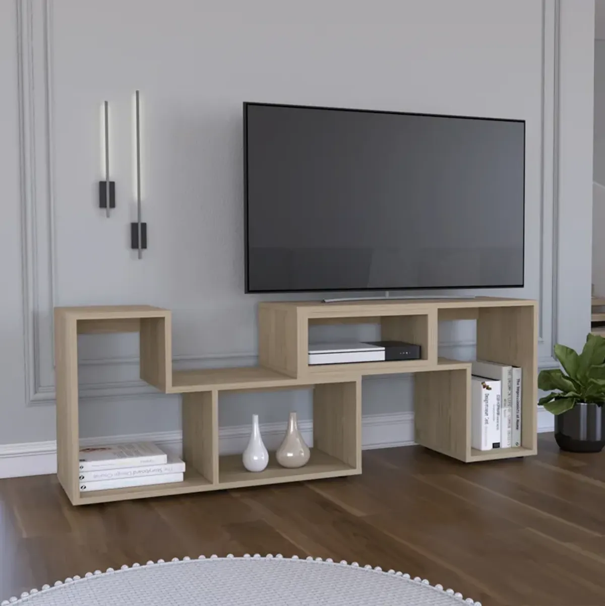 DEPOT E-SHOP Rose Extendable TV Stand, Multiple Shelves, Light Pine, Light Pine