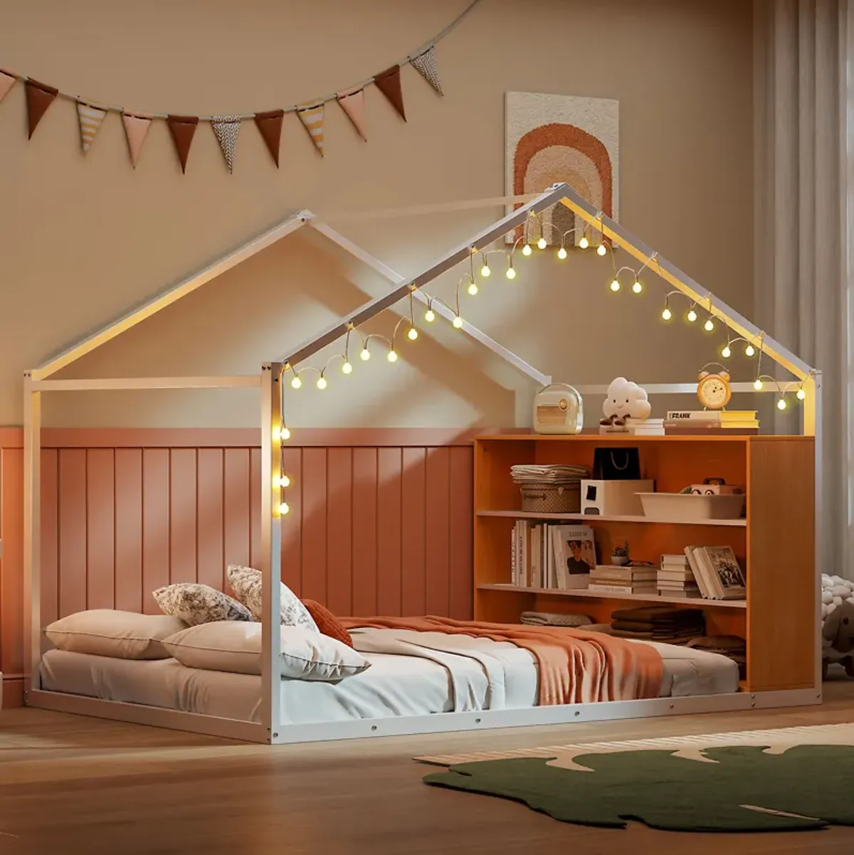 Merax Metal Frame House Bed with Storage Shelves and LED Lights