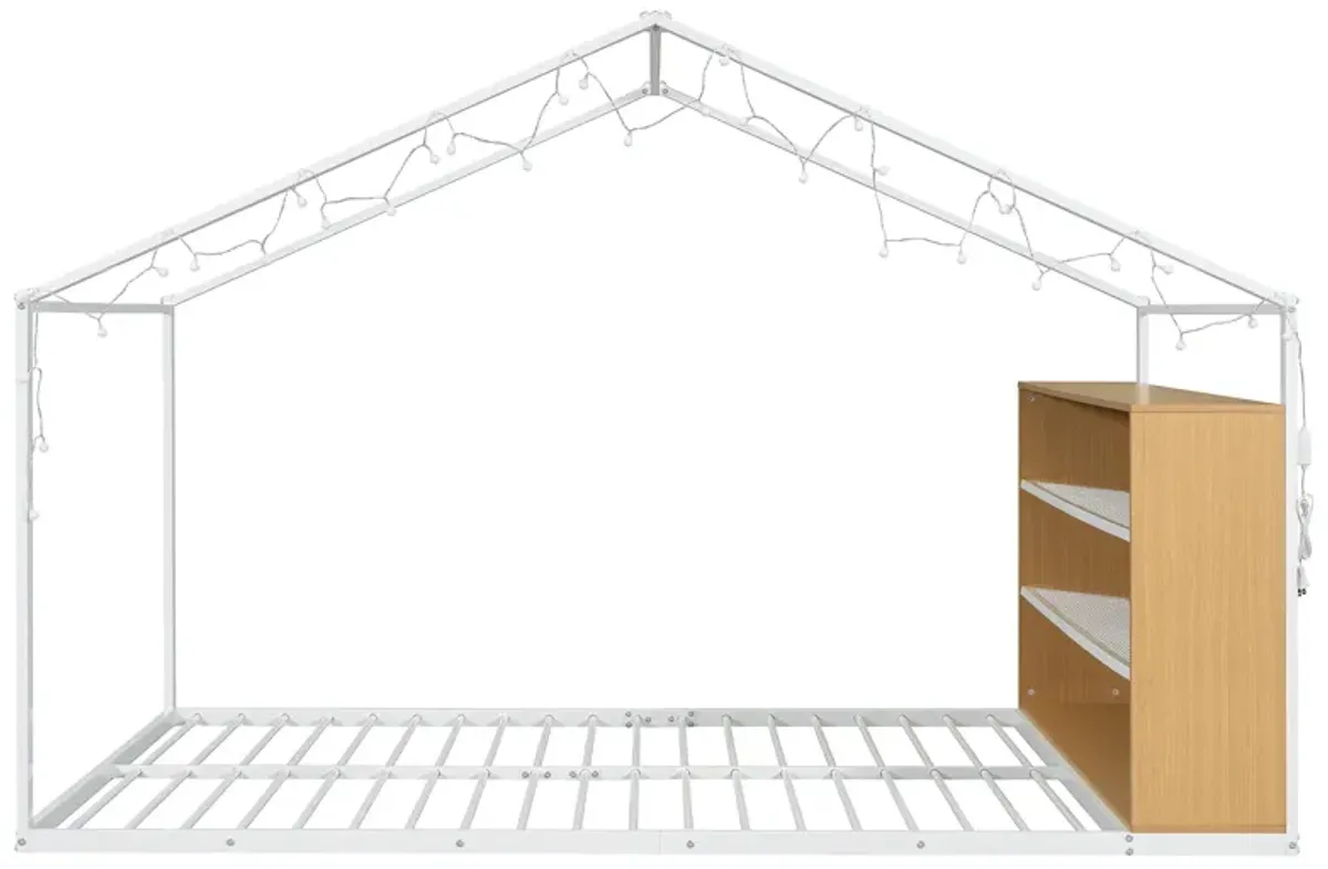 Merax Metal Frame House Bed with Storage Shelves and LED Lights