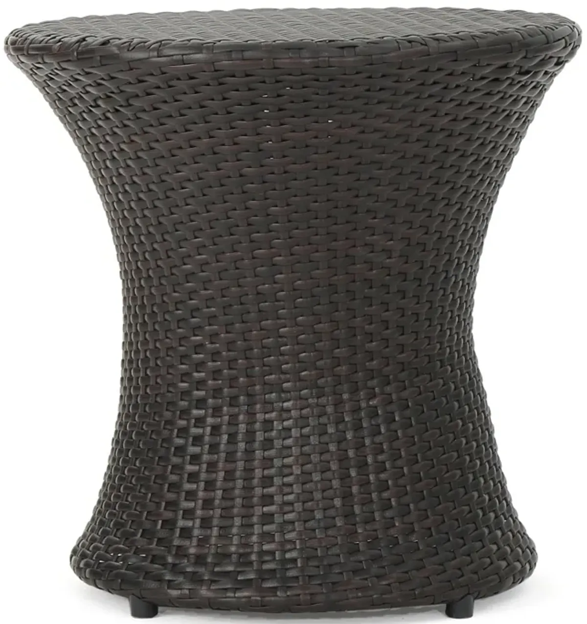 Loco Outdoor Side Table, Hourglass Shape 20 Inch Brown Rattan Wicker - Benzara