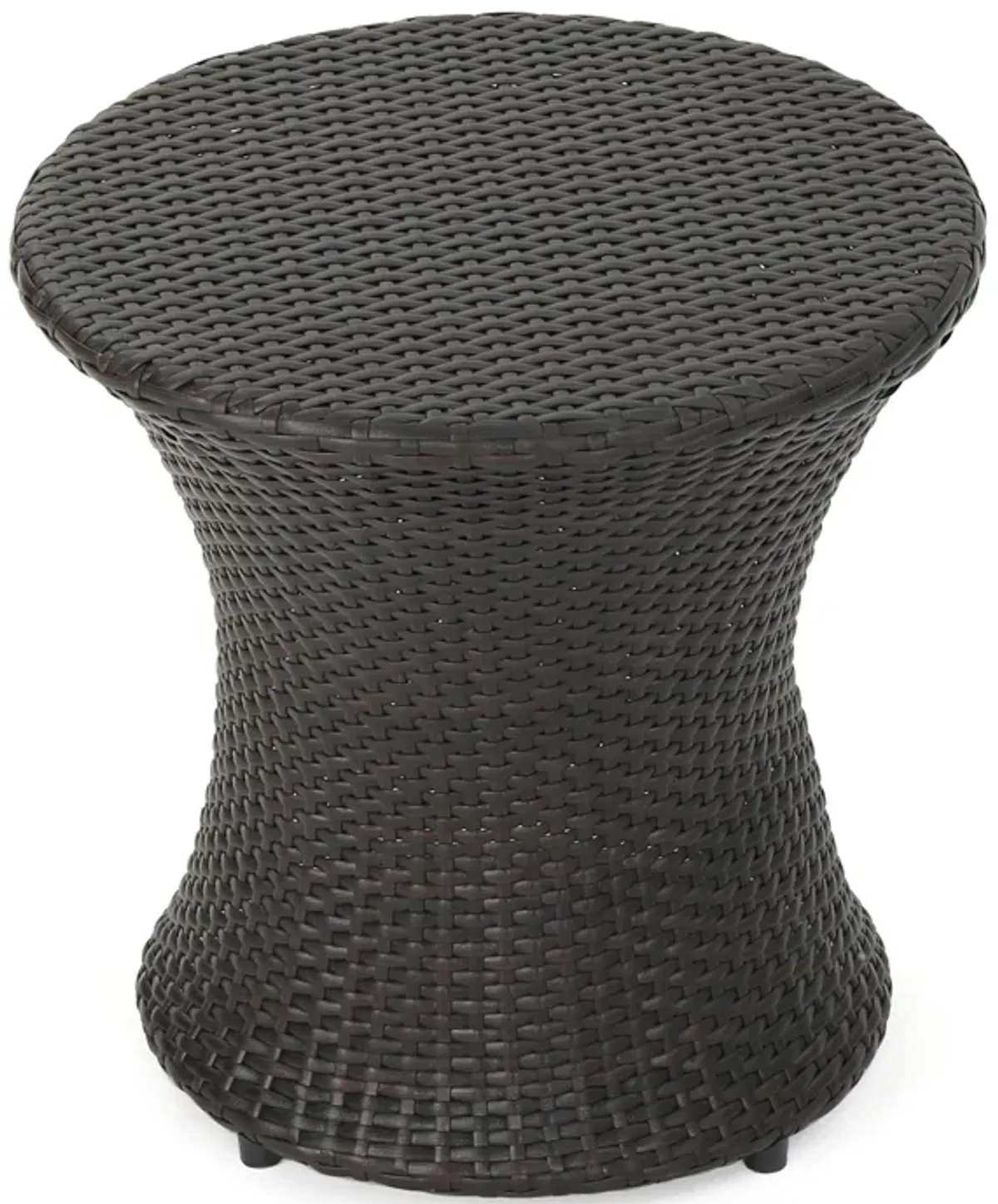 Loco Outdoor Side Table, Hourglass Shape 20 Inch Brown Rattan Wicker - Benzara