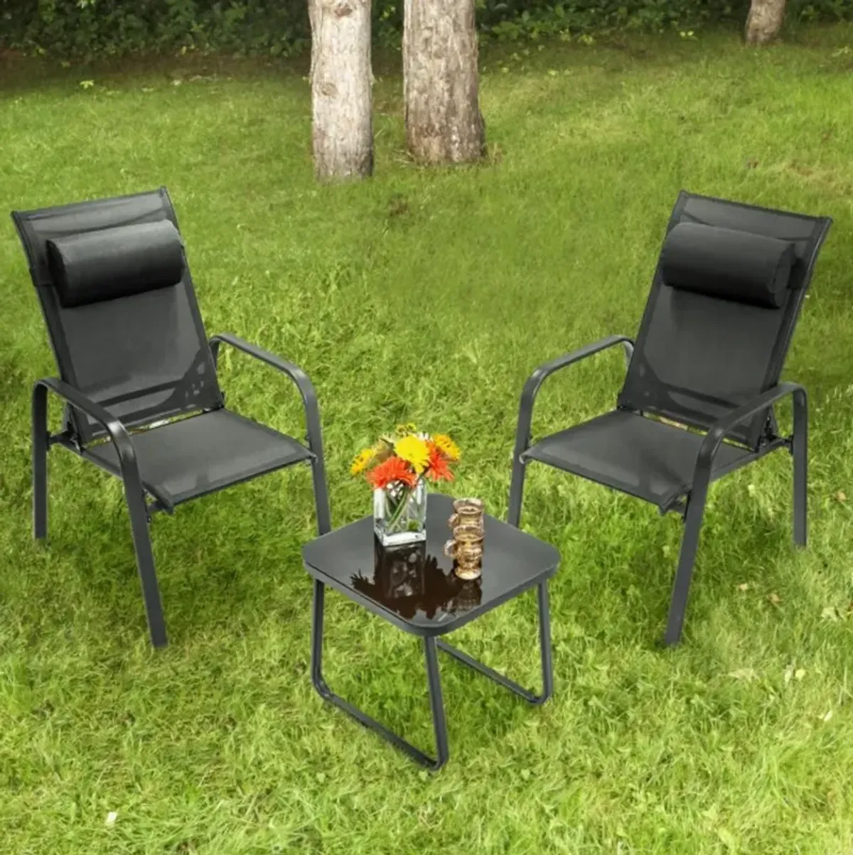 Hivvago 3 Pieces Stackable Patio Bistro Conversation Set with Adjustable Backrest