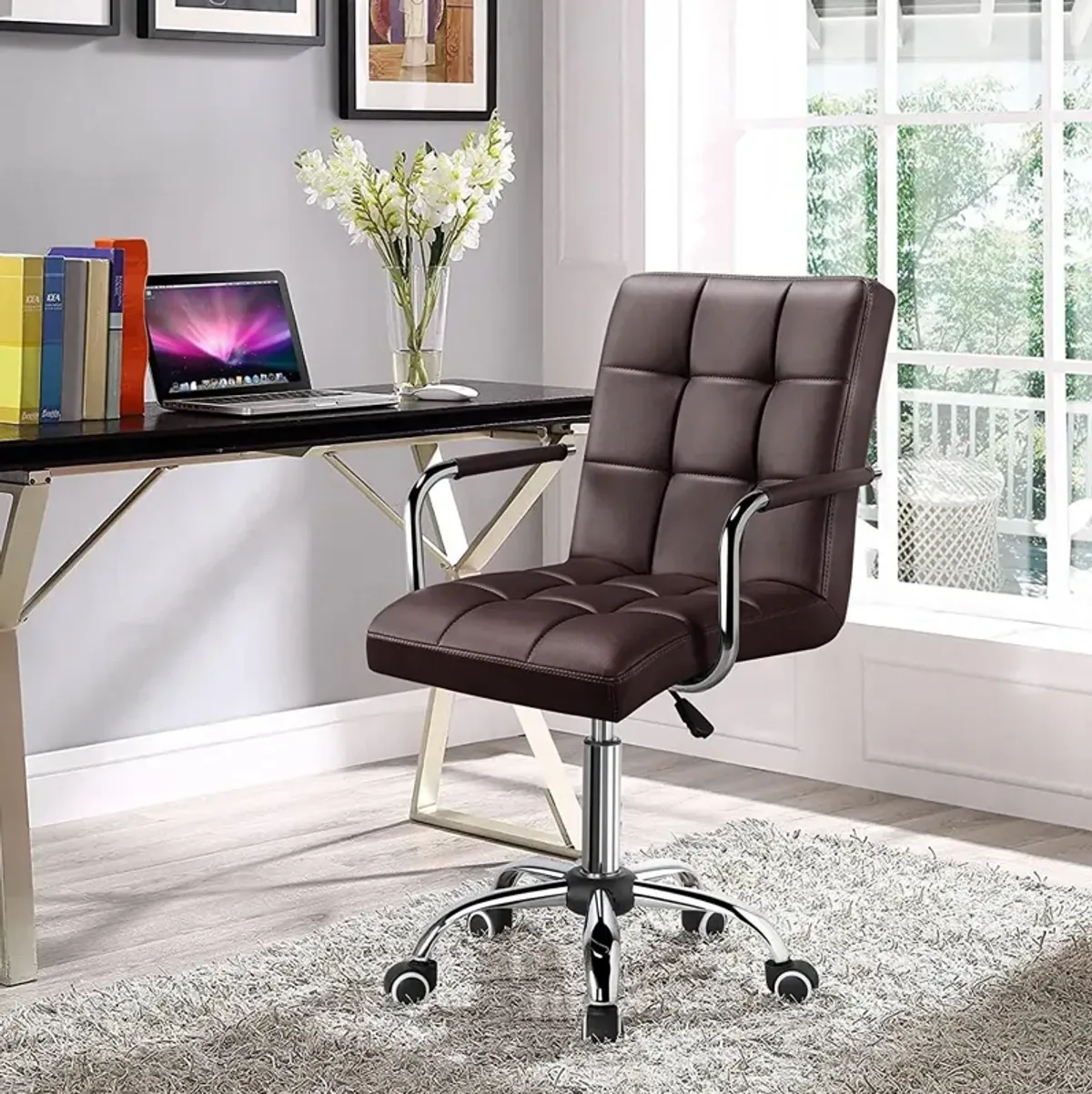 Hivvago Dark Brown Modern Faux Leather Mid-Back Office Chair with Armrests and Wheels