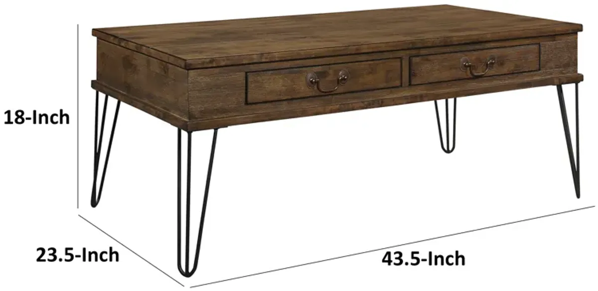 Itti 44 Inch Cocktail Coffee Table, 2 Drawers, Rectangular, Brown, Black - Benzara