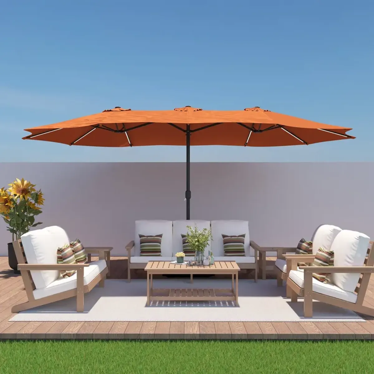 Mondawe 15 ft. Large Double-Sided Outdoor Twin Umbrella With Light Strip,Patio Market Umbrella with Crank and Base