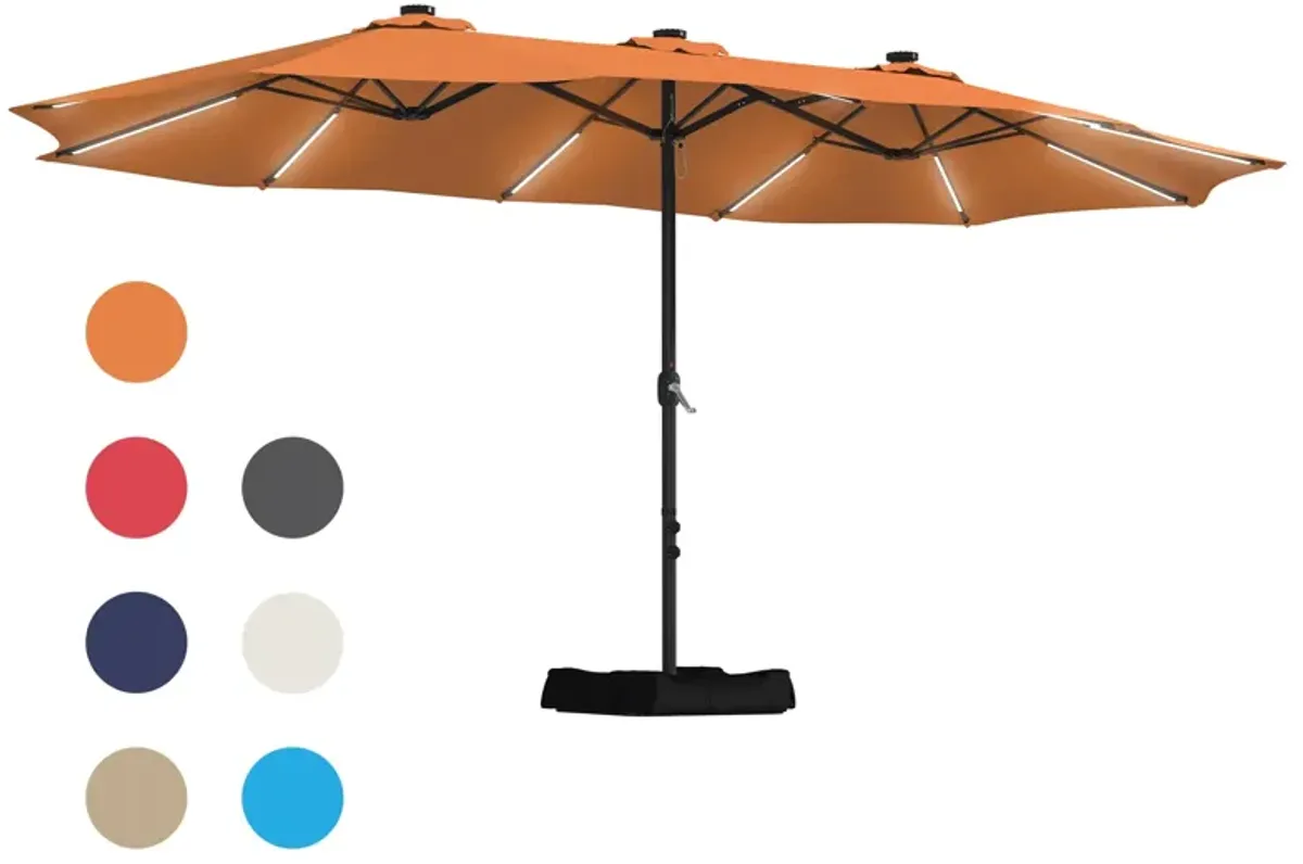 Mondawe 15 ft. Large Double-Sided Outdoor Twin Umbrella With Light Strip,Patio Market Umbrella with Crank and Base
