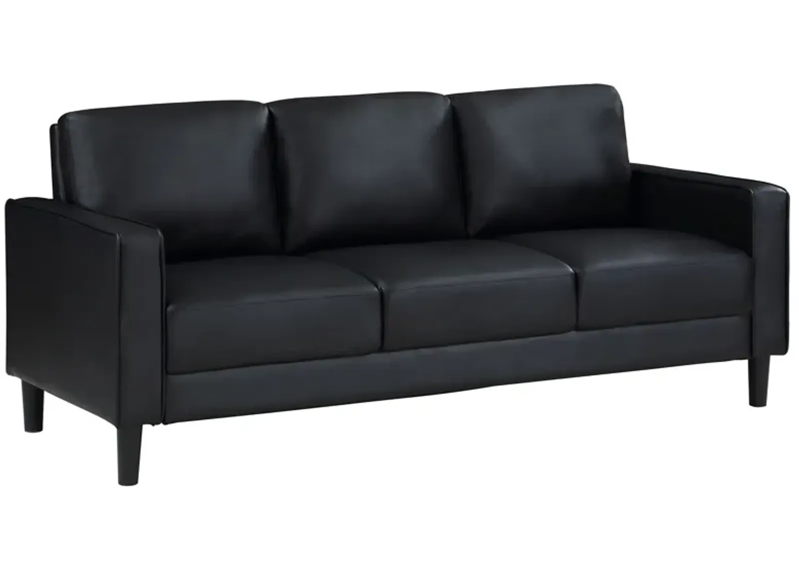 Rumi Sofa, Black Faux Leather, Modern Track Arms, Foam Cushions