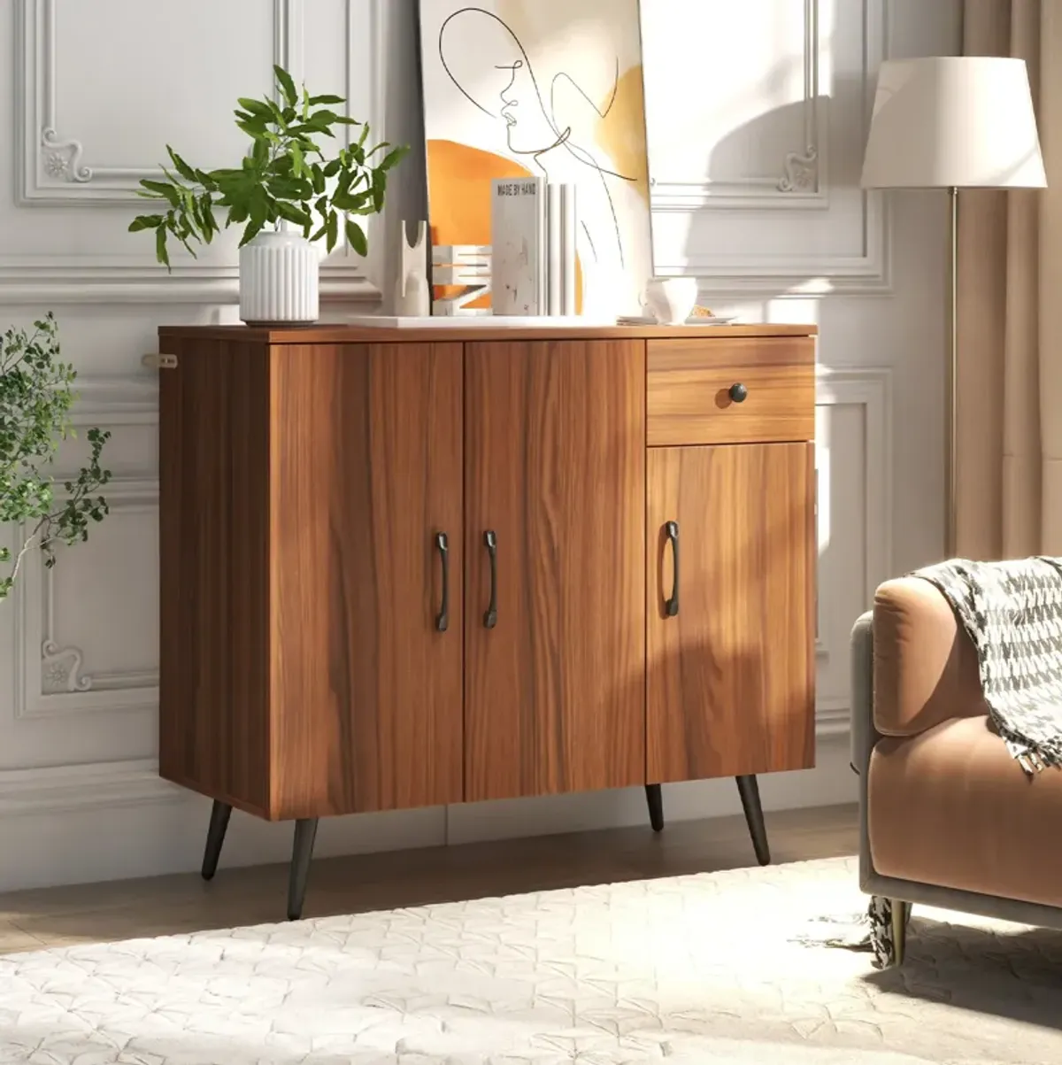 Sideboard Cabinet with 3 Doors and Pull out Drawer Adjustable Shelves-Walnut