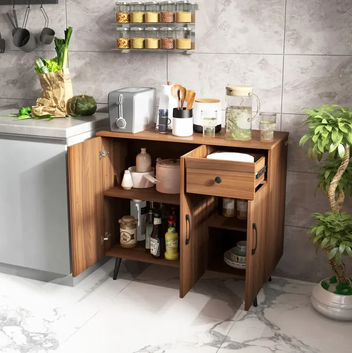 Sideboard Cabinet with 3 Doors and Pull out Drawer Adjustable Shelves-Walnut