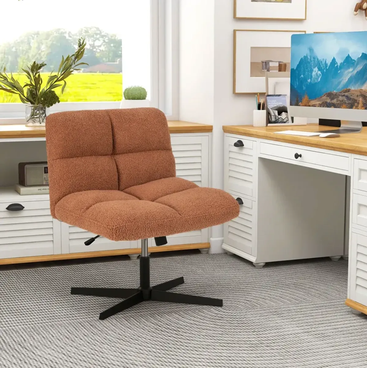 Adjustable Height Armless Office Chair with Cross-Legged Design and Imitation Lamb Fleece