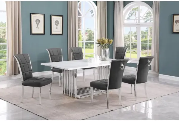 7pc Large(79") marble top dining set with silver base and 6 Dark grey chairs