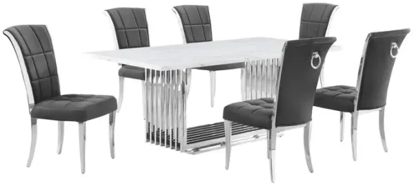 7pc Large(79") marble top dining set with silver base and 6 Dark grey chairs