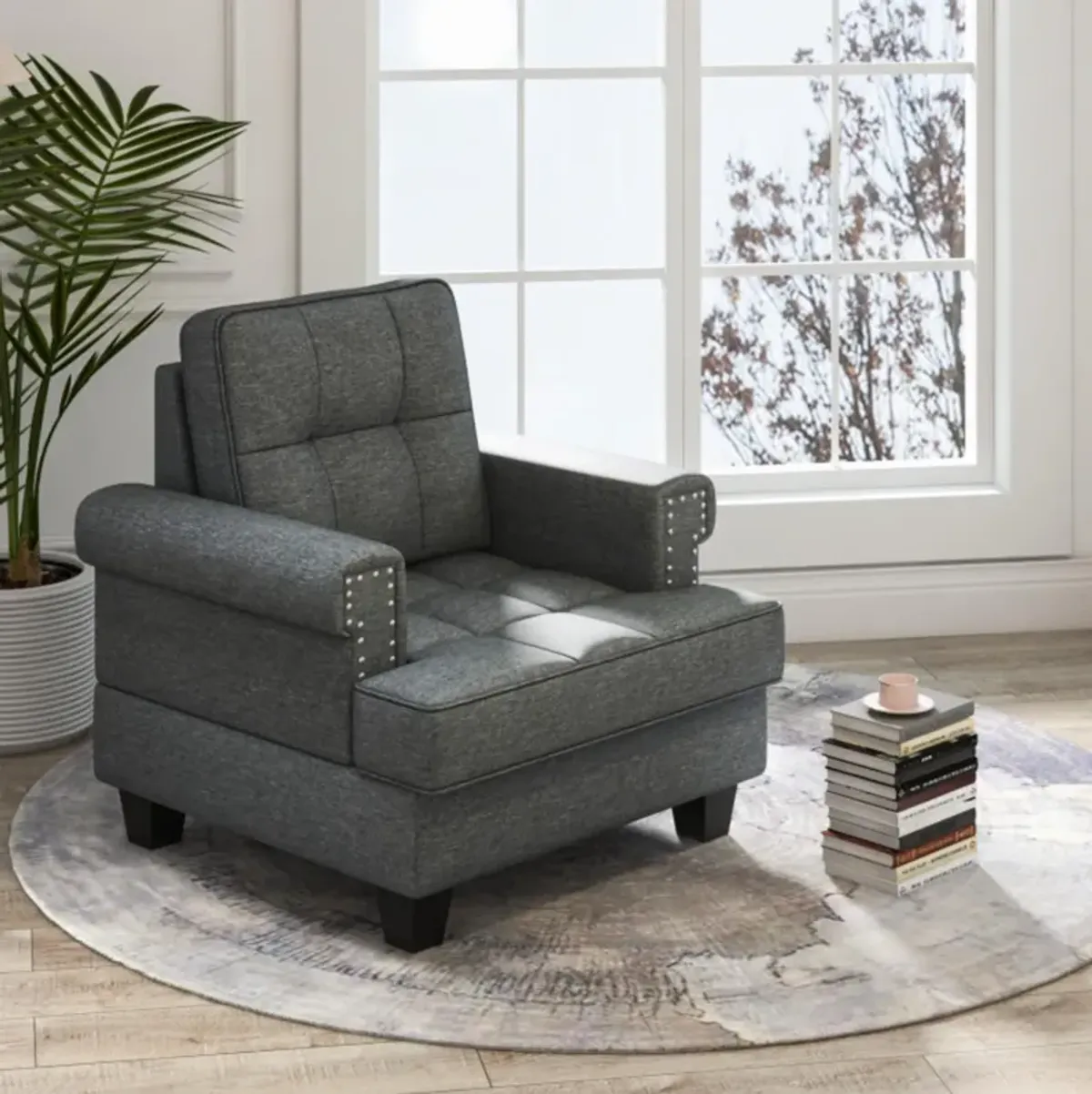 Hivvago Mid-century Modern Accent Armchair Tufted Linen Club Chair