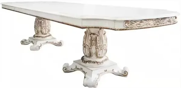 Antoine Dining Table, Double Pedestal, 84-120 Inch Antique Pearl White - Benzara