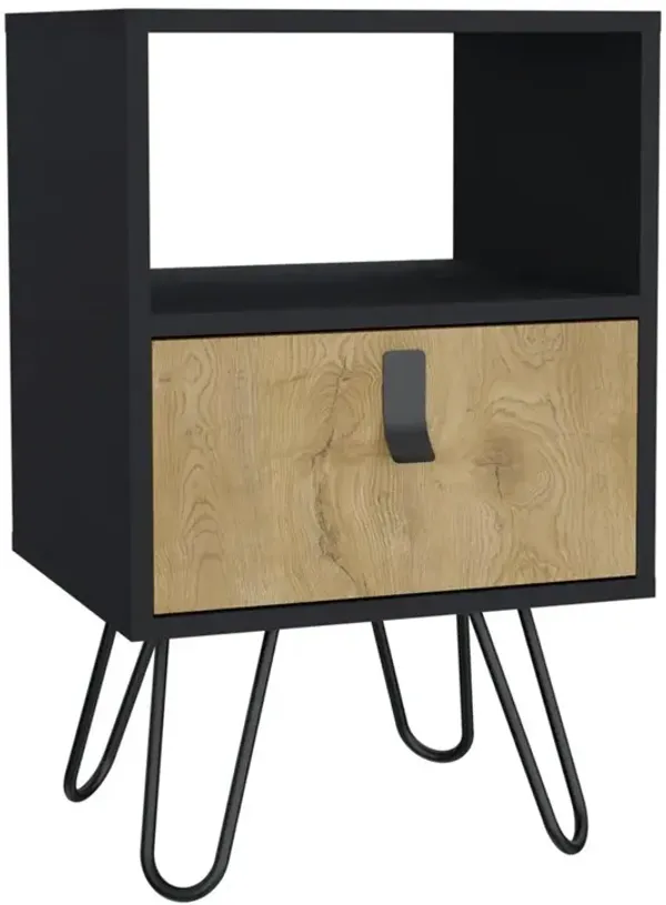 Toka Nightstand, Sleek Design with Hairpin Legs and Drawer