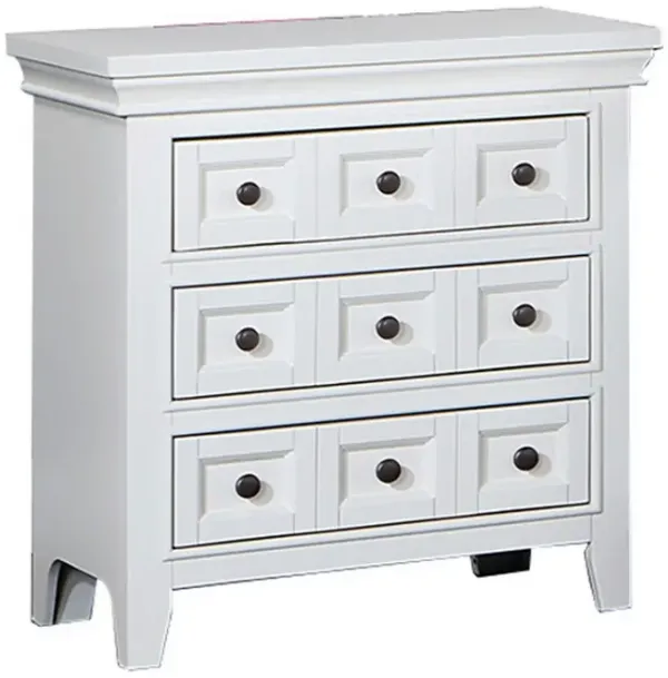 Cile 26 Inch Nightstand, 3 Panel Drawers, White Wood, Round Nickel Handles - Benzara