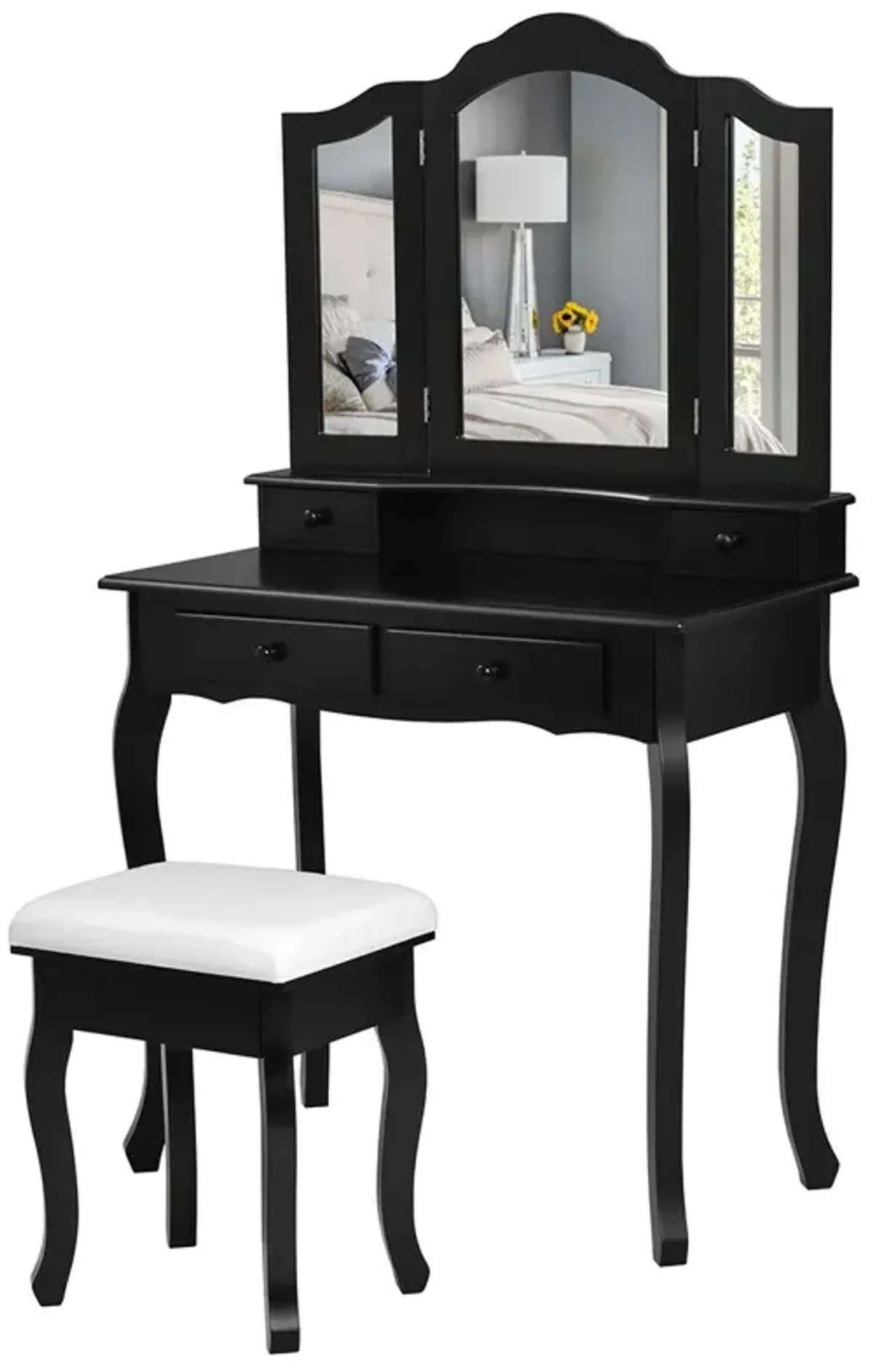 4 Drawers Wood Mirrored Vanity Dressing Table with Stool