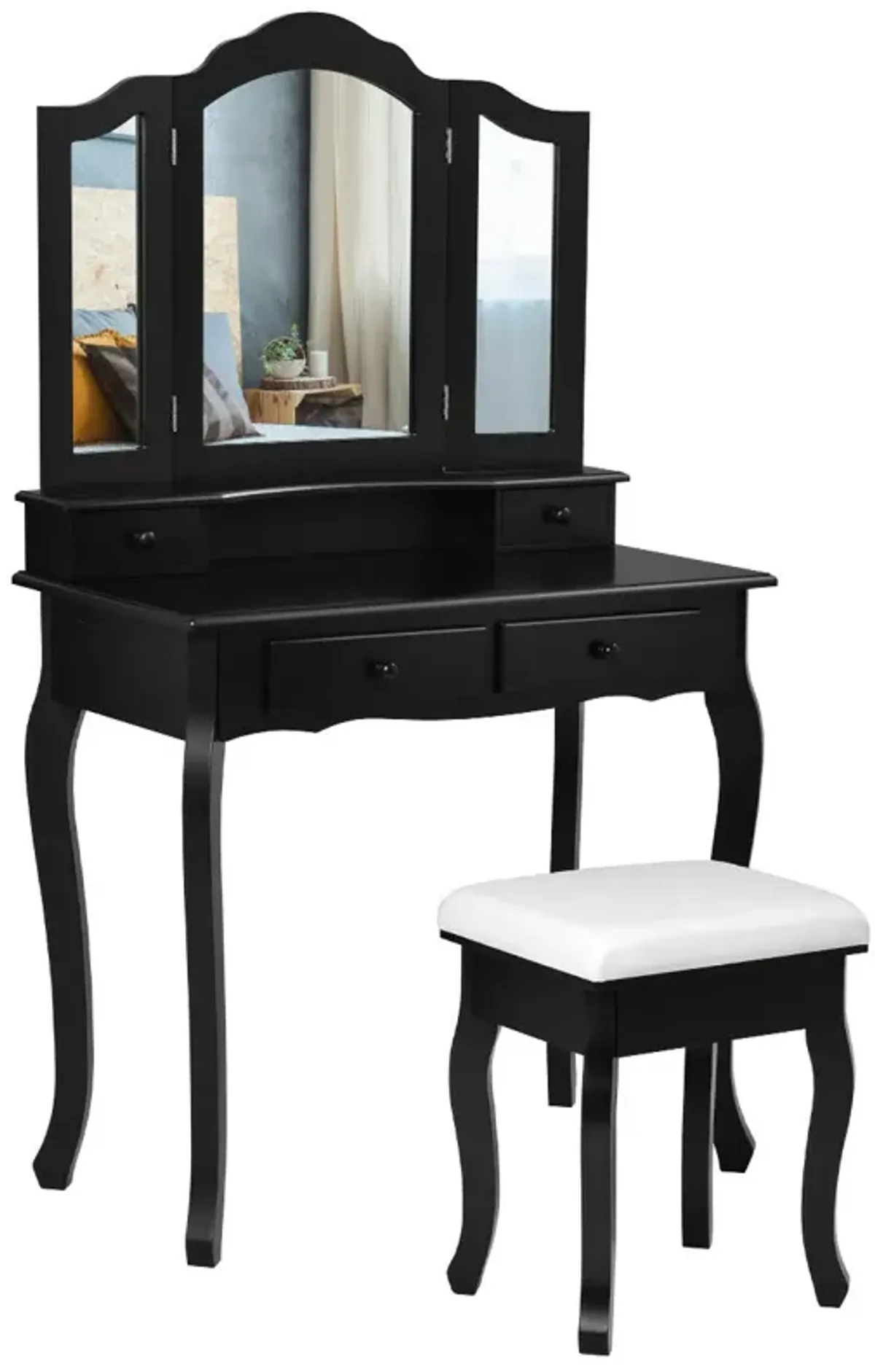 4 Drawers Wood Mirrored Vanity Dressing Table with Stool