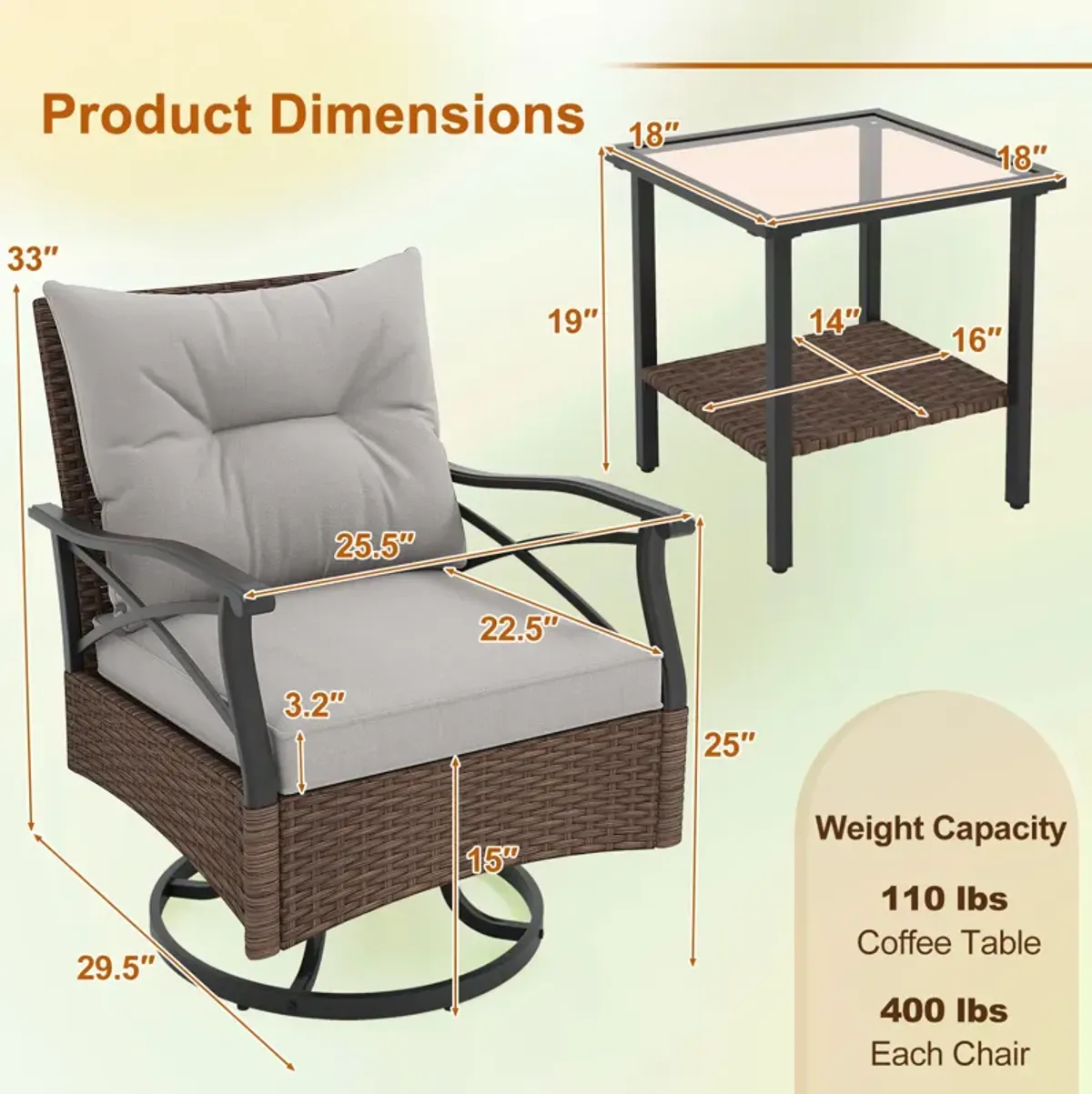 3-Piece Outdoor Swivel Rocking Chairs Set with 2-Tier Tempered Glass Side Table for Patio and Garden