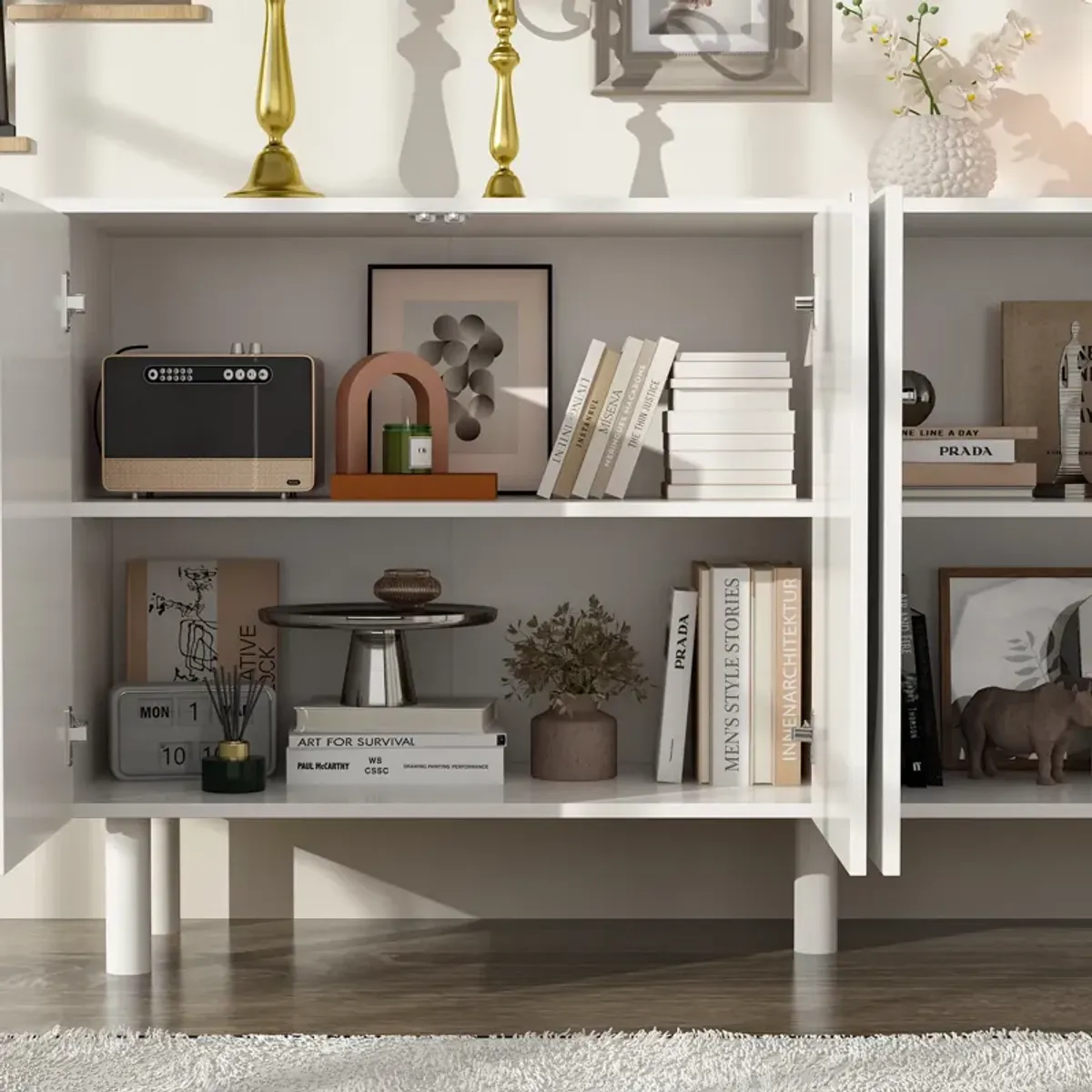 White Wooden 31.5 in. Height x 63.2 in. Width Storage Cabinet, Sideboard with 4 Shelves and 4 Pressed Doors
