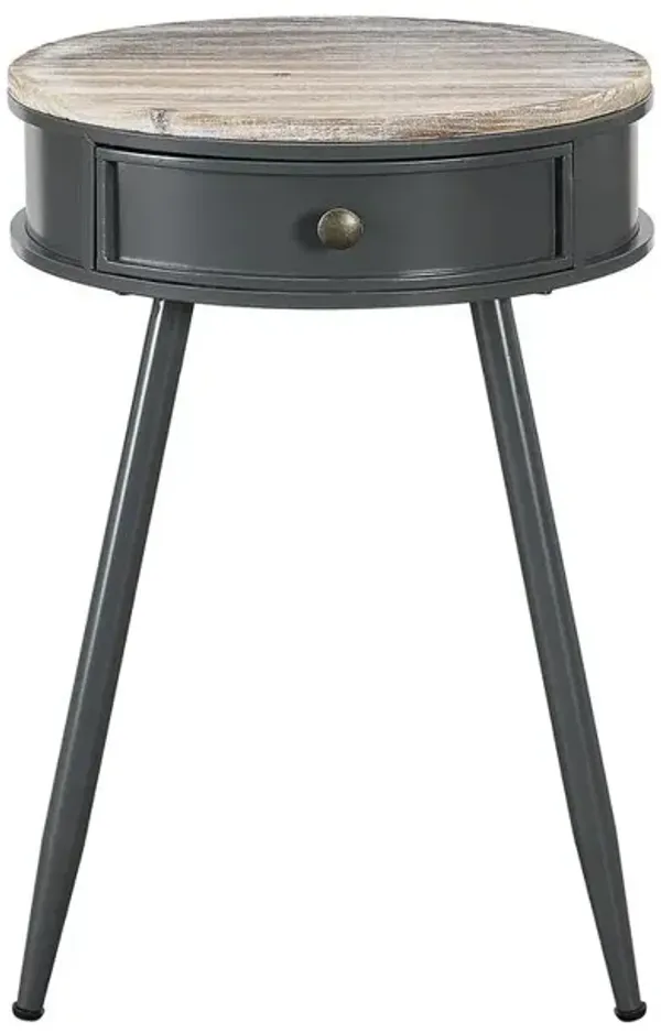 Round Table With Wood Fir Top, Gray Metal Base With Drawer