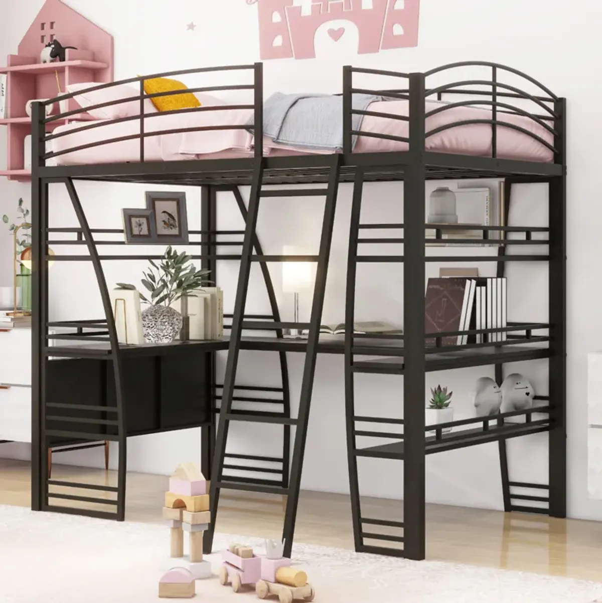 Full Size Loft Bed with Shelves, L-Shaped Desk & Charging Ports