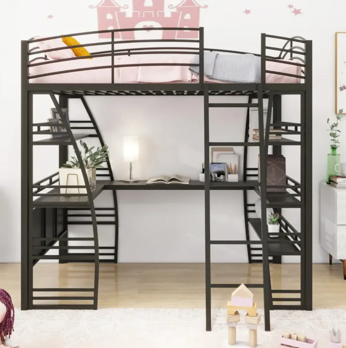 Full Size Loft Bed with Shelves, L-Shaped Desk & Charging Ports