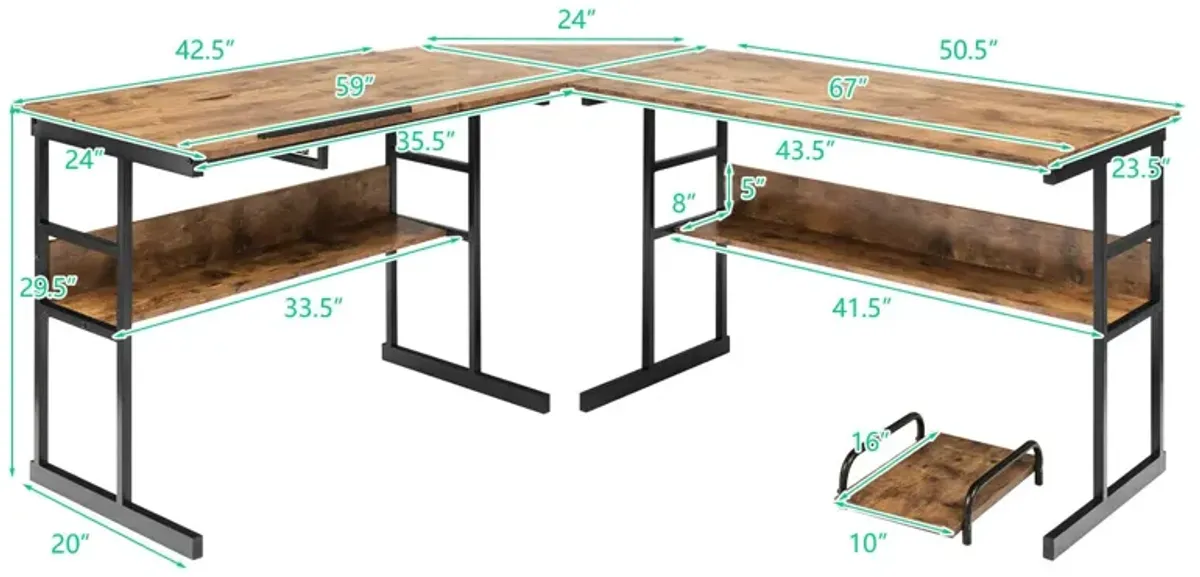 L-Shaped Computer Desk with Tiltable Tabletop-Rustic Brown