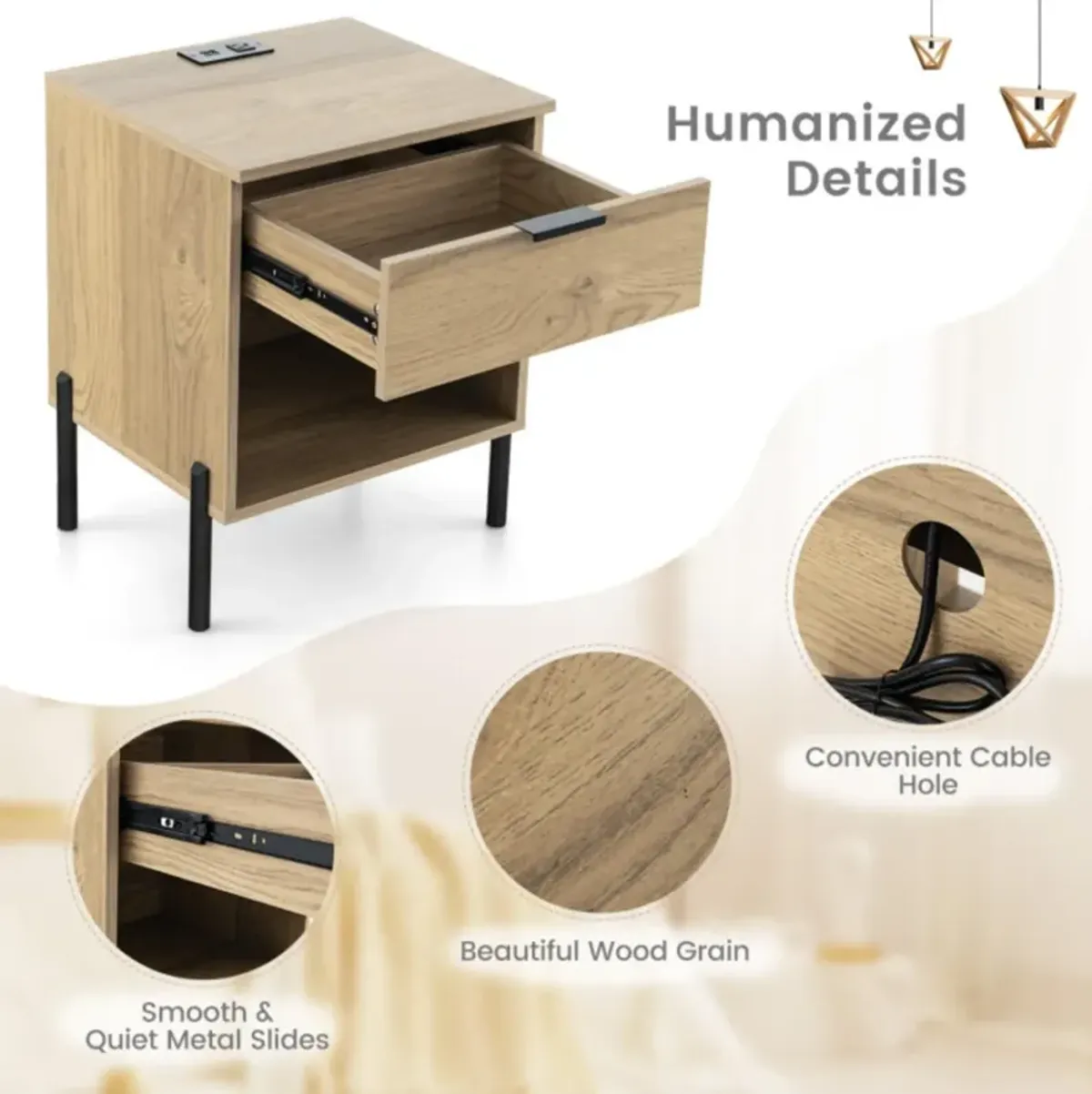 Hivvago Modern Nightstand with Charging Station-Natural