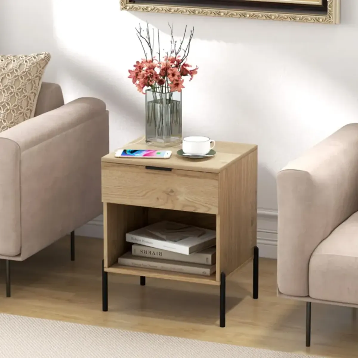 Hivvago Modern Nightstand with Charging Station-Natural