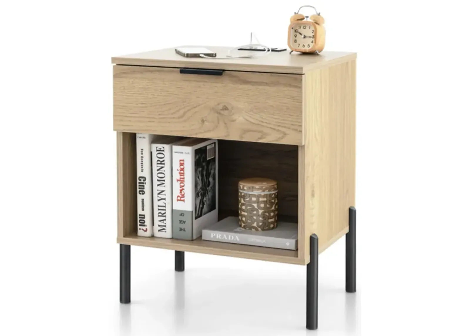 Hivvago Modern Nightstand with Charging Station-Natural