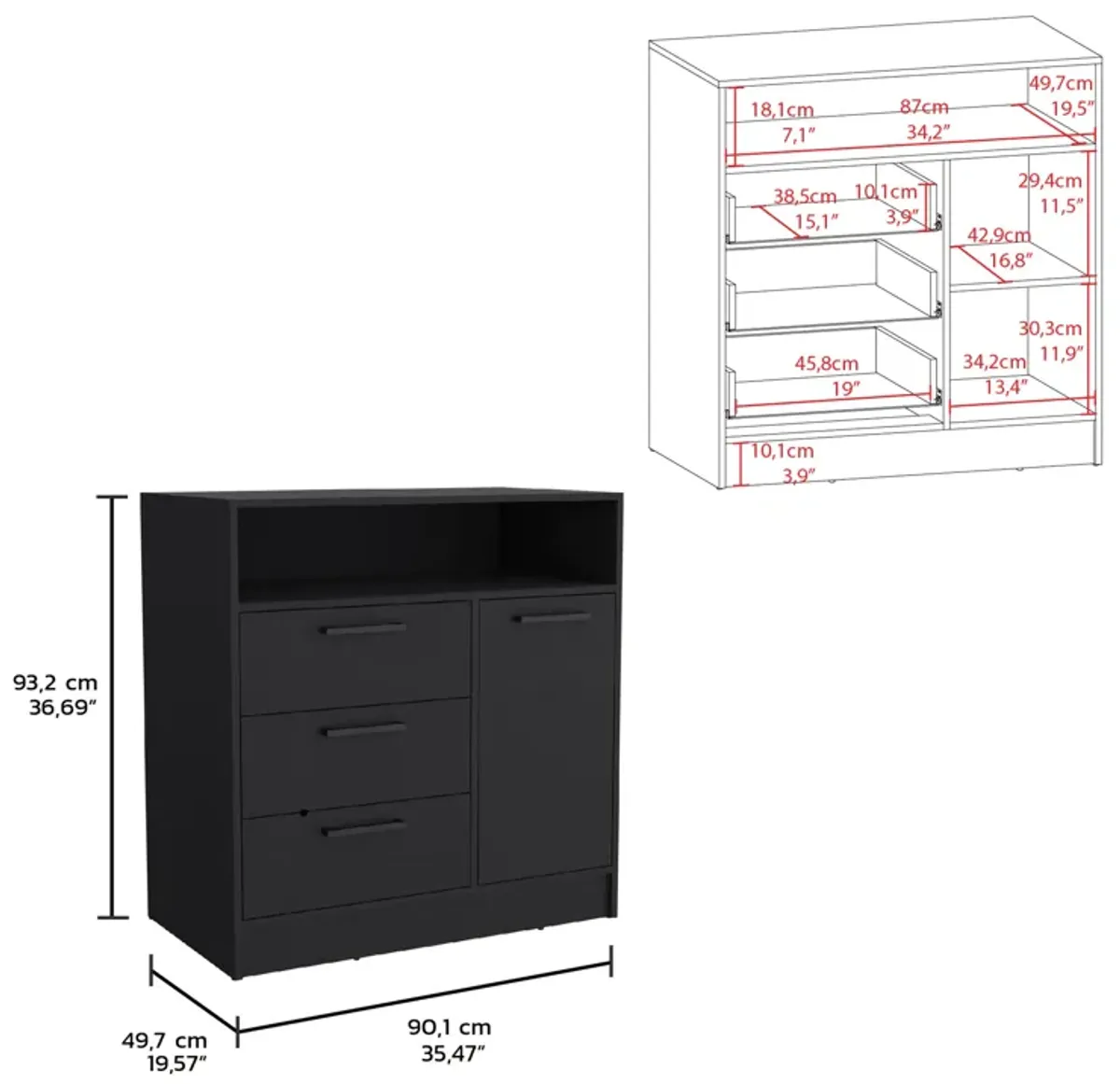 Omaha Dresser Multi-Storage Compact Unit with Spacious 3 Drawers and Cabinet-White