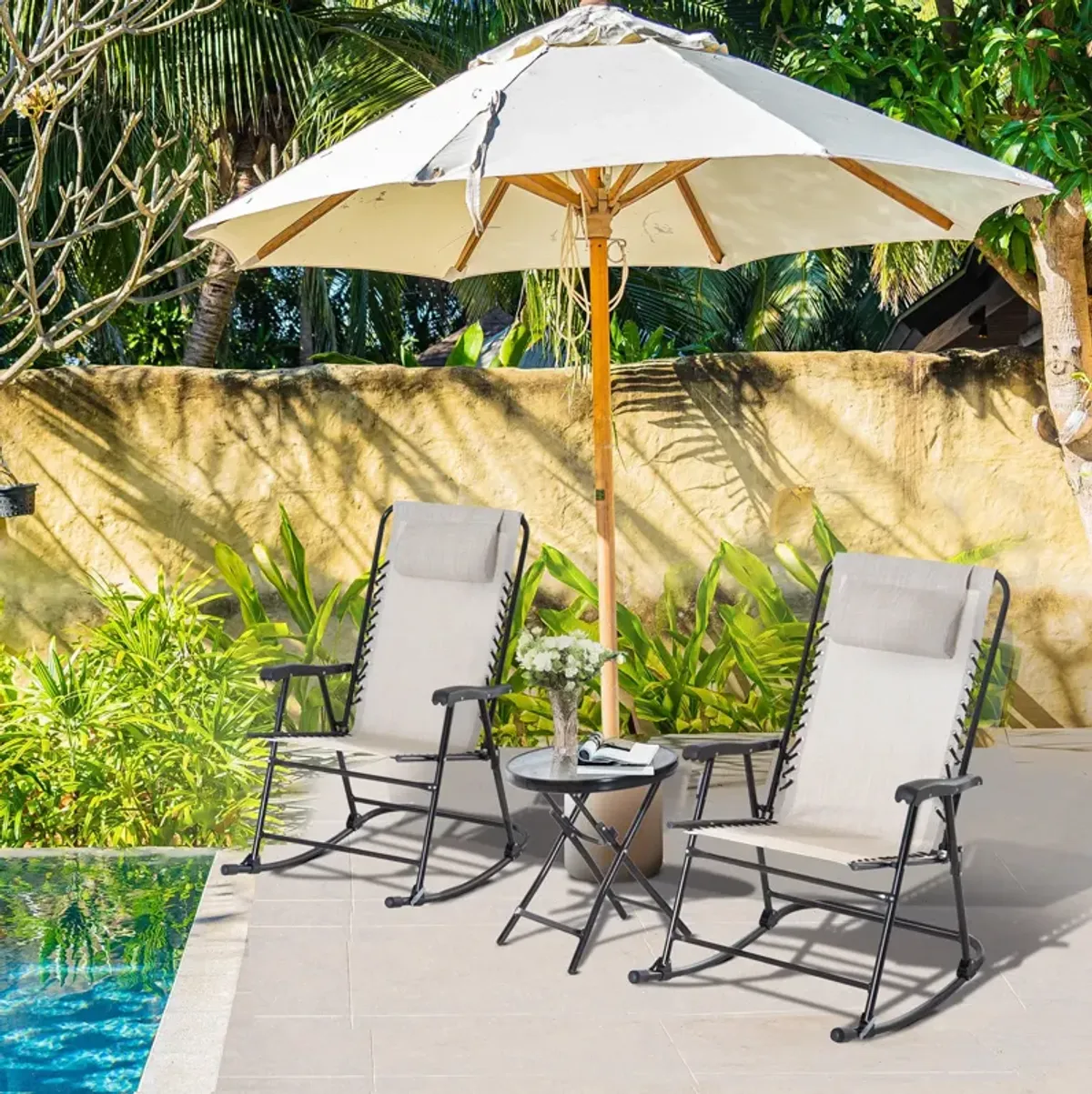 Cream Outdoor Ensemble: 3-Piece Folding Rocking Set with Glass Table