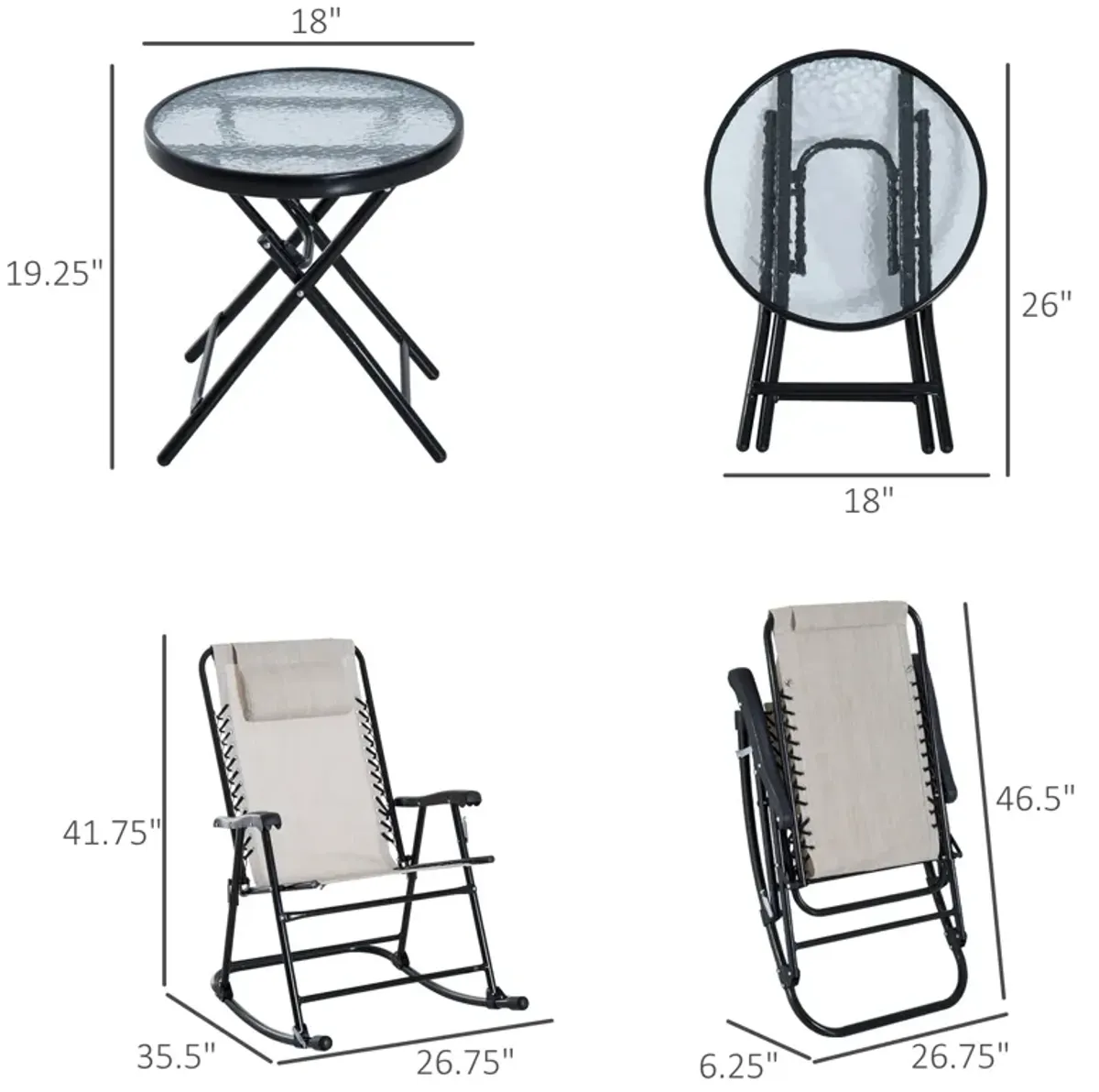 Cream Outdoor Ensemble: 3-Piece Folding Rocking Set with Glass Table