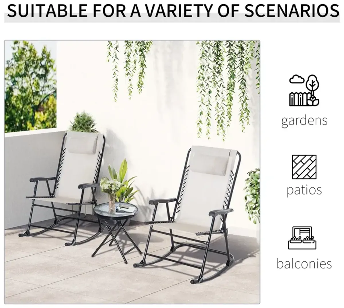 Cream Outdoor Ensemble: 3-Piece Folding Rocking Set with Glass Table