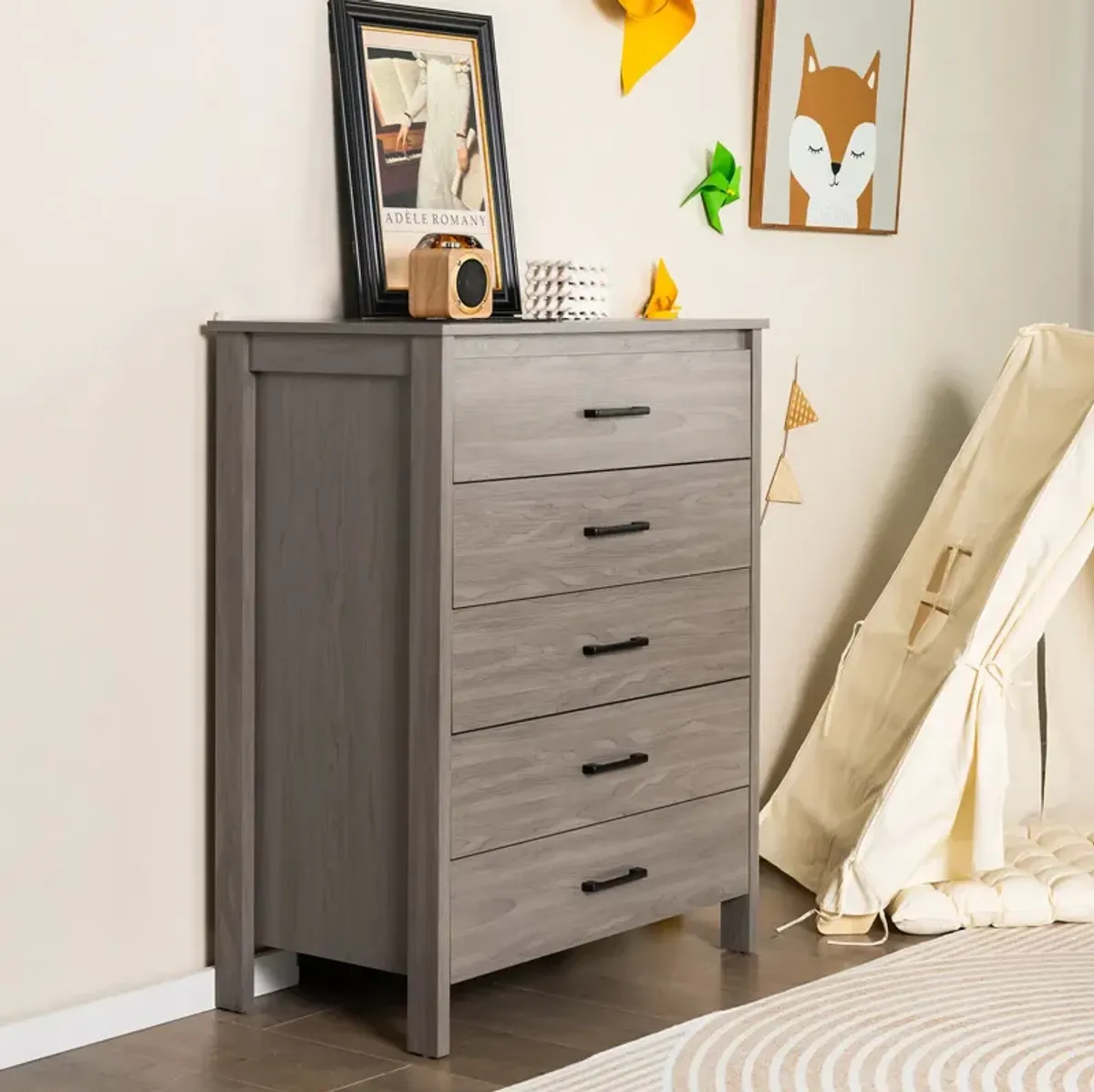 Modern 5-Drawer Multipurpose Chest Dresser with Metal Handles-Grey