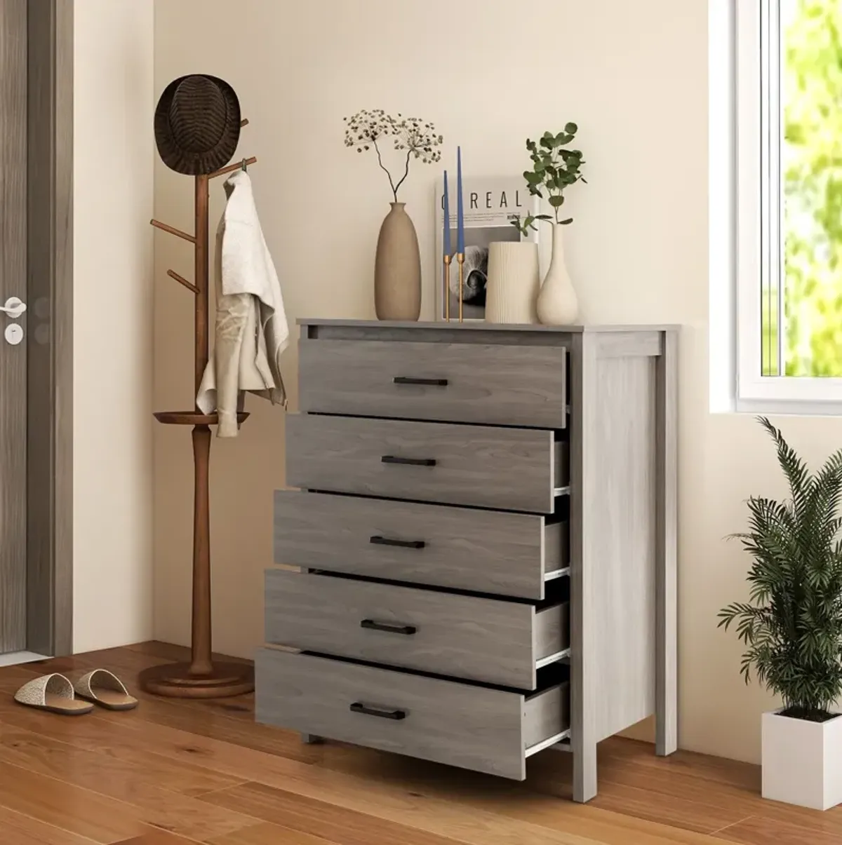 Modern 5-Drawer Multipurpose Chest Dresser with Metal Handles-Grey