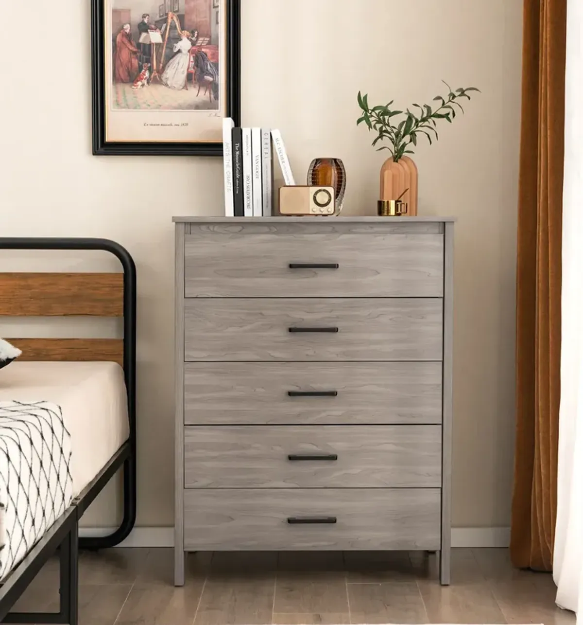 Modern 5-Drawer Multipurpose Chest Dresser with Metal Handles-Grey