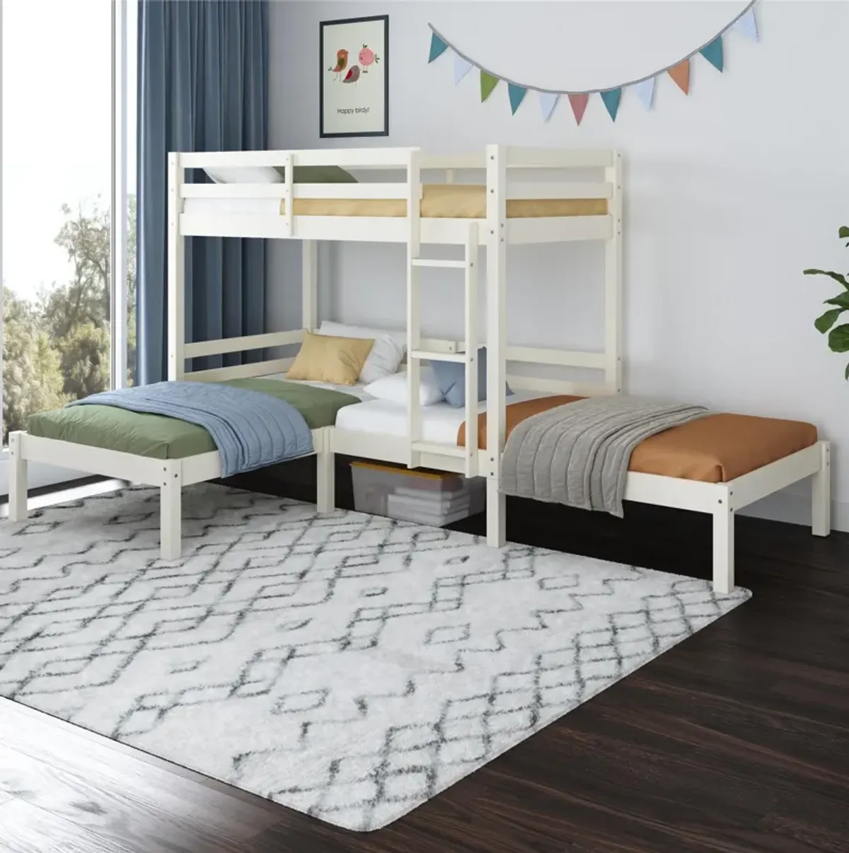 DHP Casey Kids' L-Shaped Corner Triple Bunk Bed, White