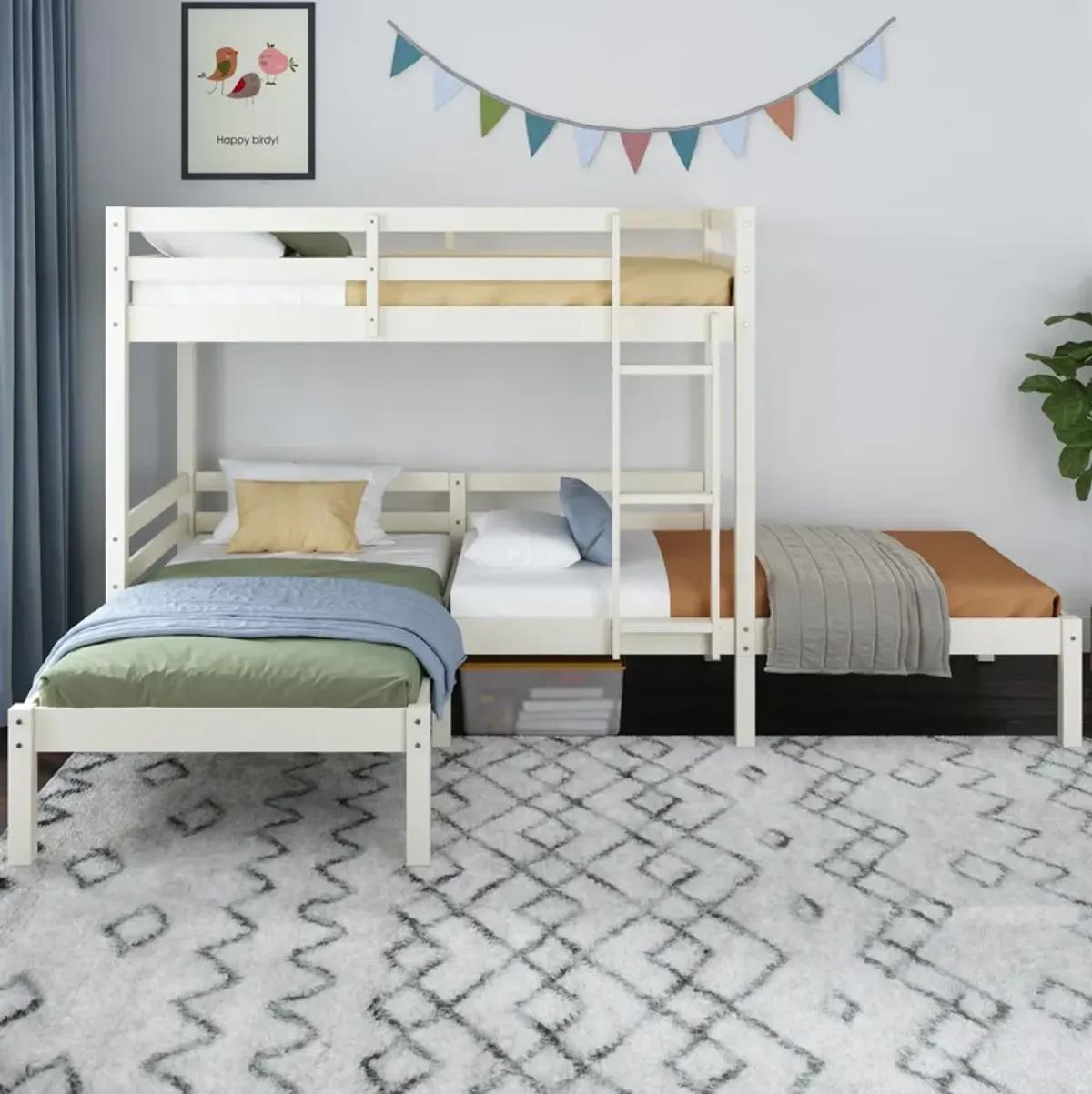 DHP Casey Kids' L-Shaped Corner Triple Bunk Bed, White