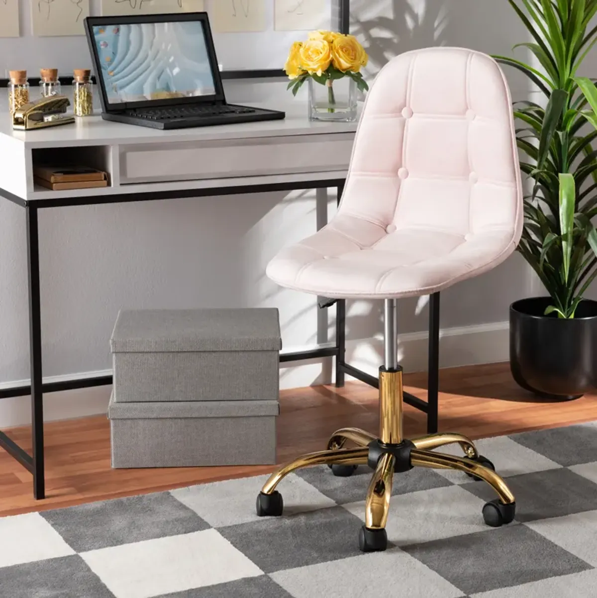 Baxton Studio Kabira and Luxe Grey Velvet Fabric and Gold Metal Swivel Office chair