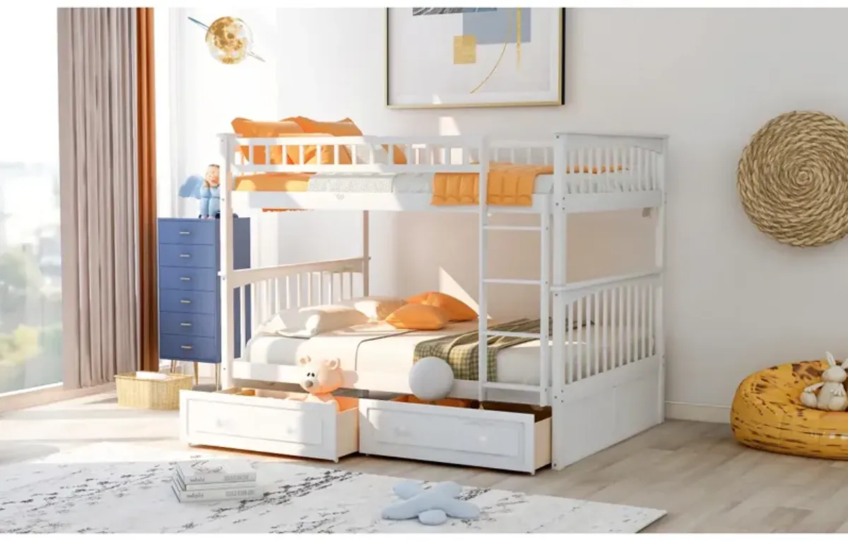 Full Over Full Bunk Bed With Drawers, Convertible Beds, White