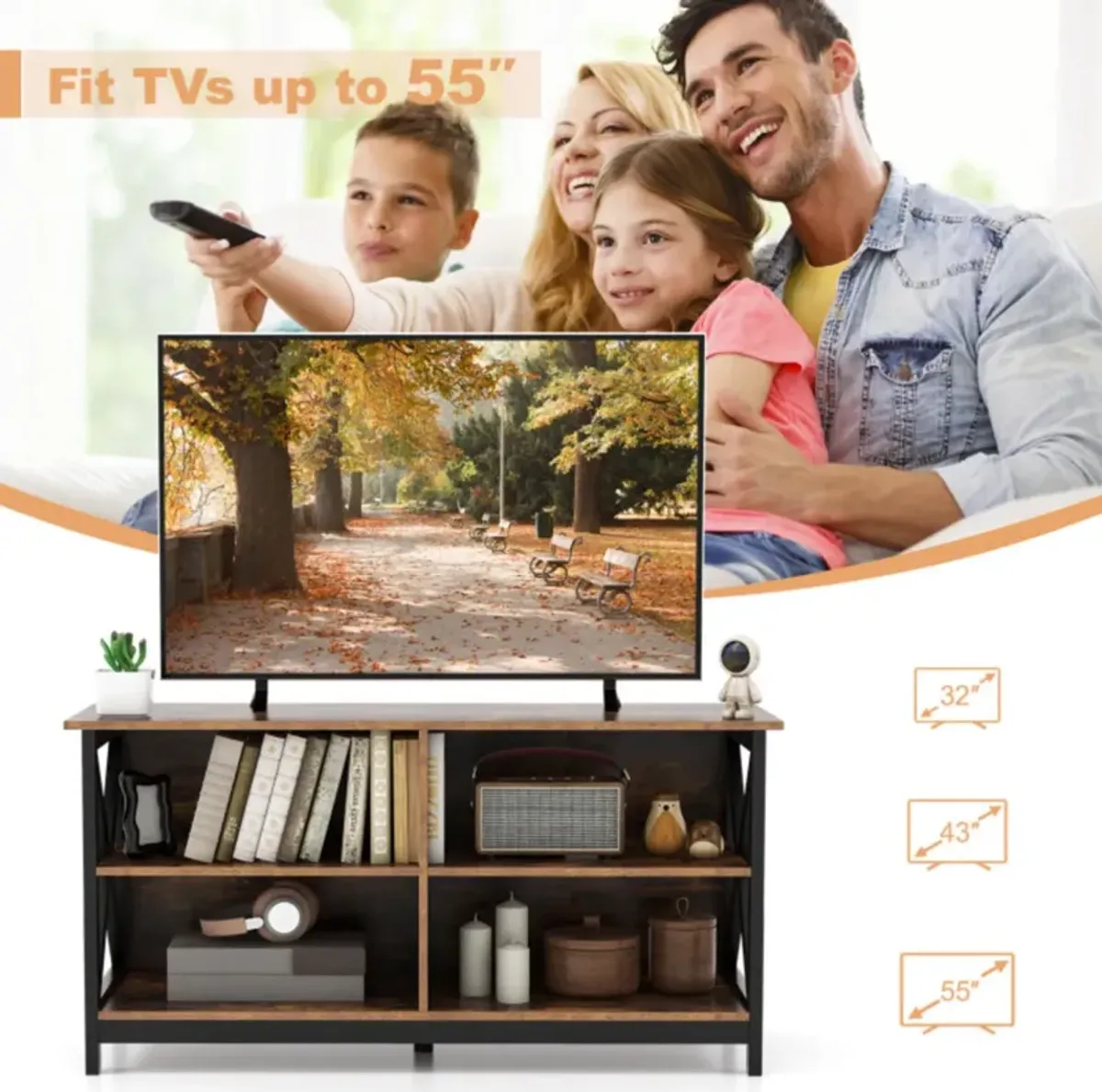 Hivvago Wooden TV Stand Entertainment for TVs up to 55 Inch with X-Shaped Frame