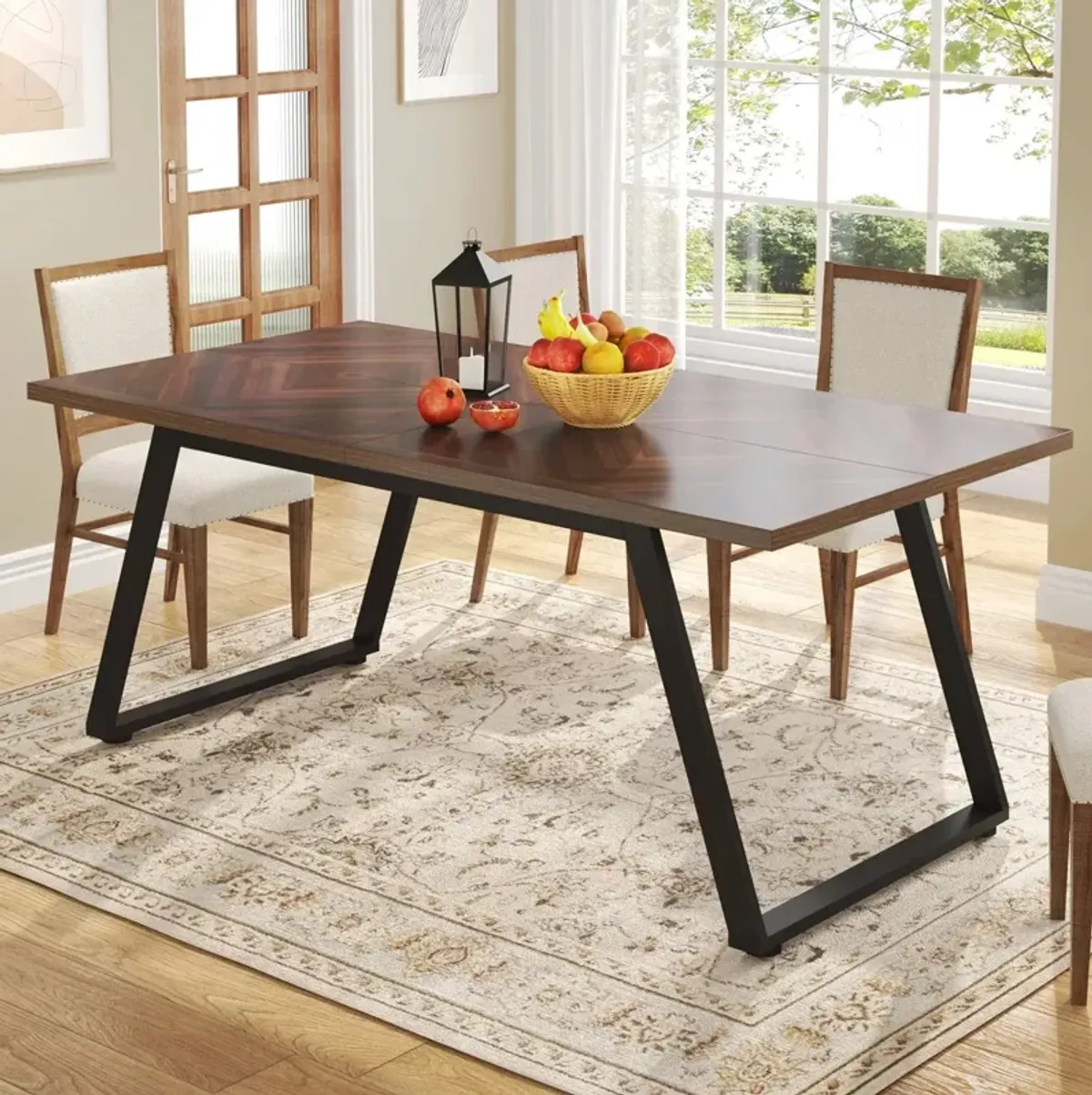 Hivvago Modern Farmhouse 63 inch Rectangle Dining Table Brown Wood Top Black Metal Frame