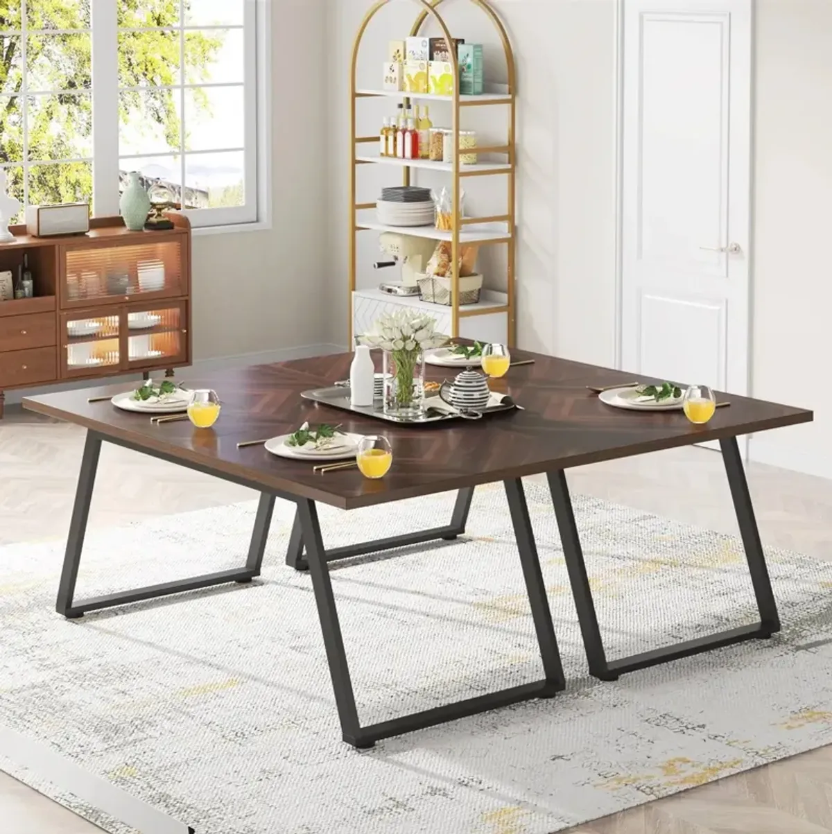 Hivvago Modern Farmhouse 63 inch Rectangle Dining Table Brown Wood Top Black Metal Frame