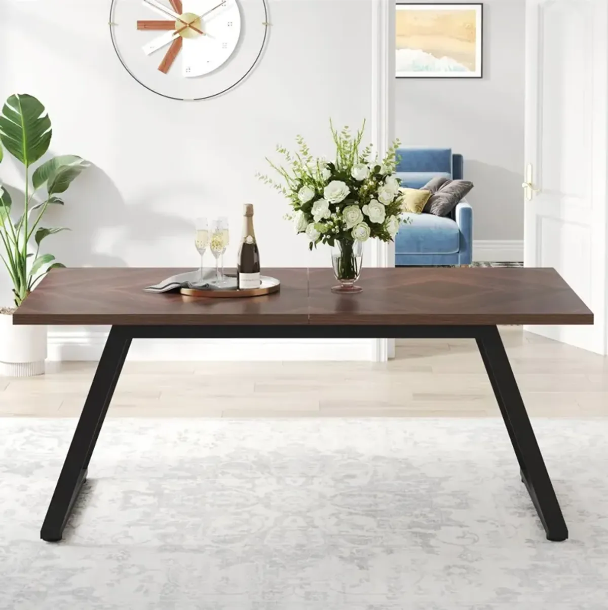 Hivvago Modern Farmhouse 63 inch Rectangle Dining Table Brown Wood Top Black Metal Frame