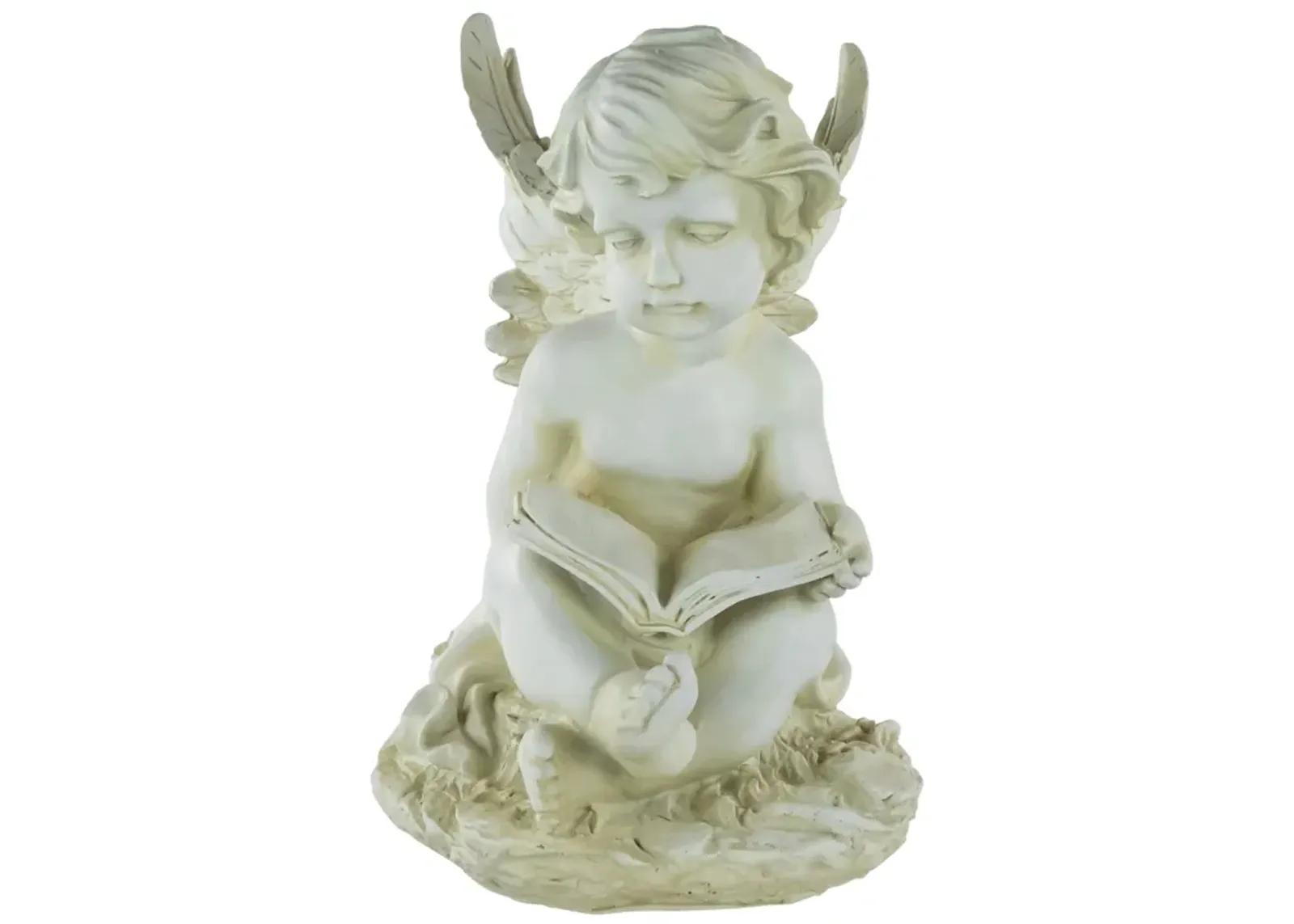 11.5" Ivory Sitting Cherub Angel with Book Outdoor Patio Garden Statue