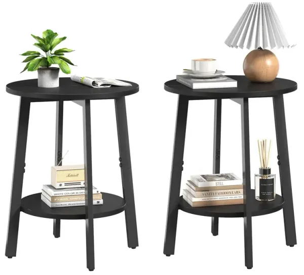 sthmec Side Table Set of 2, Small Round End Table with Storage Shelf for Small Space, 2-Tier Black Bedside Table Sofa Couch Tabl