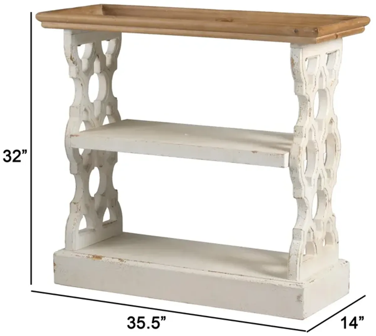 35 Inch 3 Tier Console Table, Fir Wood, Carved Panels, Brown and White - Benzara